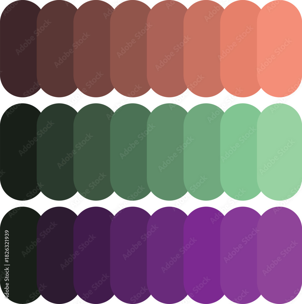 Fototapeta premium Three gradient palette rows exhibit smooth color transitions from dark to light hues across shades