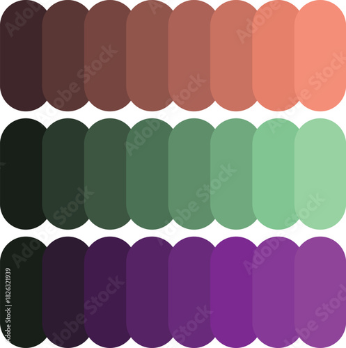 Three gradient palette rows exhibit smooth color transitions from dark to light hues across shades