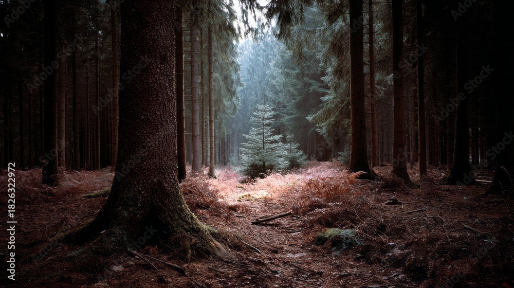 Obraz premium Deep in the heart of the forest, beams of sunlight pierce the thick canopy, revealing a solitary tree amidst dark, towering pines and earthy ferns, creating a tranquil setting