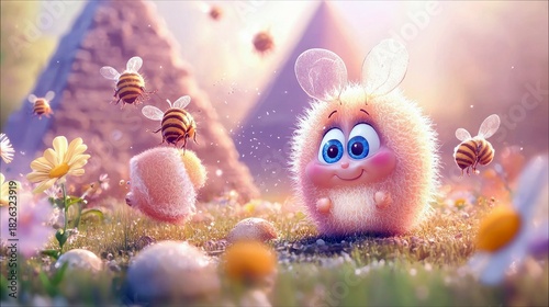 Fototapeta Naklejka Na Ścianę i Meble -  A whimsical scene featuring a round, fluffy pink creature with large blue eyes and bunny ears, surrounded by flying bees and colorful flowers in a sunlit meadow
