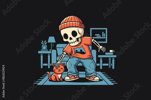 Skeleton petting a cute cat wearing a beanie and orange shirt.