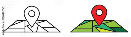 Map for delivery icons set in linear and solid color style. Delivery symbols with map and location pin for shipping, tracking, and logistics design.