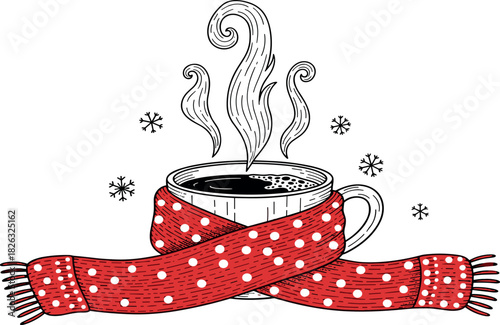 Cozy illustration of a steaming mug of coffee wrapped in a red polka dot scarf with falling snowflakes