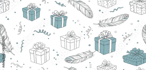 Gift Box Seamless Pattern Festive Illustration with Presents, Feathers, and Decorative Elements