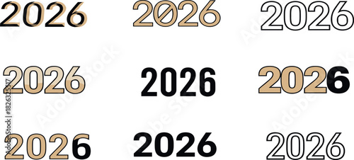 Collection of graphic designs featuring the year 2026 in various fonts and styles, including artistic and minimalist interpretations for diverse applications