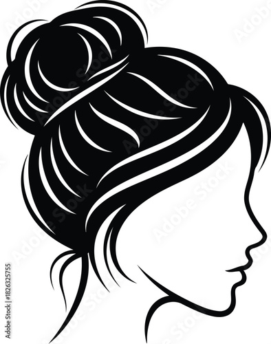 Elegant womans profile with hair styled in a classic bun, black and white illustration isolated on