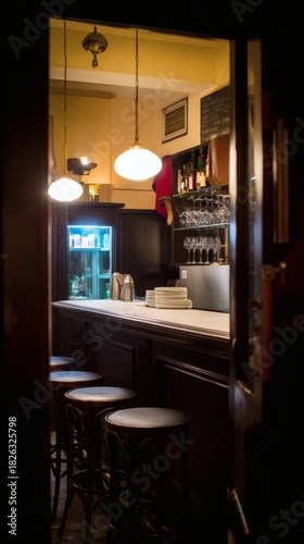 establishment. Vintage Italian bar interior with dark wood furniture and warm yellow lighting. real-estate listings.