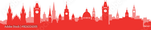 Vibrant red silhouette of a diverse and iconic city skyline, showcasing a collection of famous architectural landmarks, perfect for travel, culture, and urban design projects