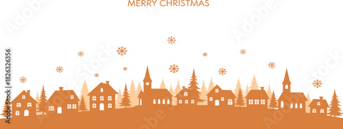 Warm orange silhouette of a festive winter village landscape with falling snowflakes, depicting a cozy holiday season scene for Christmas celebrations, perfect for greeting cards or seasonal banners