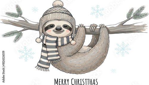 Cute Sloth in Winter Hat and Scarf Hanging on a Tree Branch with Snowflakes and Merry Christmas Text