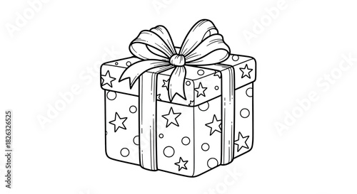 Clean mono line doodle style present illustration with vibrant color accents