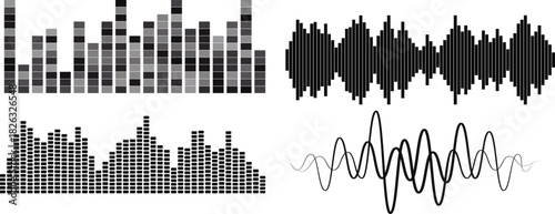 Audio wave tune print, voice message, podcast audio recording.  audio visualization and media interfaces. Digital frequency lines on for music players, recording apps or broadcast design.
