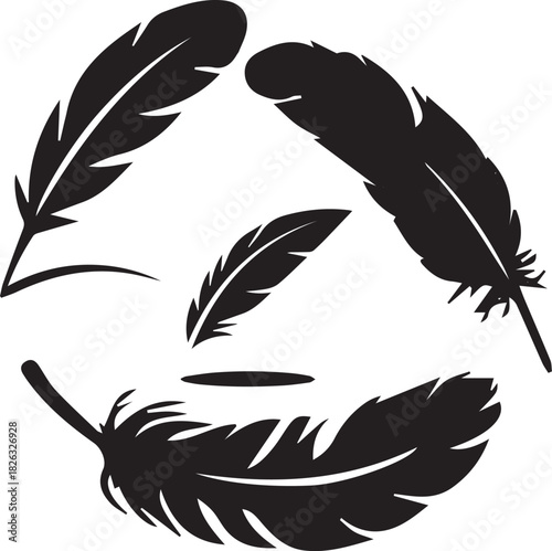A comprehensive vector set of black bird feathers and plumes featuring artistic silhouettes and quill pen illustrations for nature-inspired design elements, wing icons, and ink writing symbols