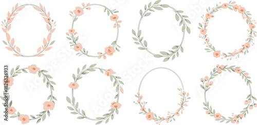 Set of elegant hand-drawn watercolor floral wreaths with delicate peach flowers and green leaves, a beautiful concept for invitations and decorations
