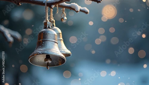 Silver bells swinging in slow motion surrounded by snowflakes 