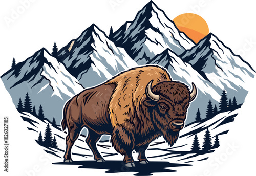 A majestic wild bison stands in a snowy mountain landscape, a powerful emblem of wilderness against a backdrop of rugged peaks and a golden sun
