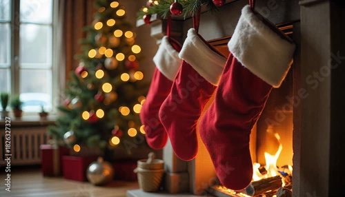 Christmas stockings hanging near fireplace with soft orange light 