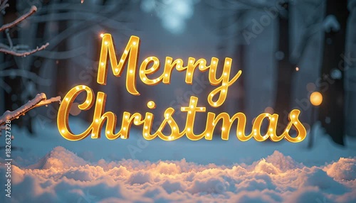 Merry Christmas elegant gold text appearing through slow falling snow 