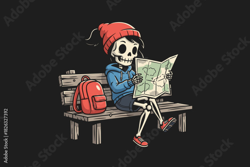 Skeleton character sitting on a bench reading a map with a backp