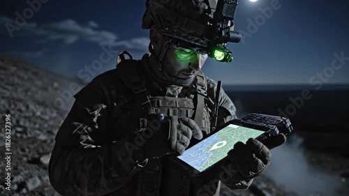 Man in military uniform operating a drone or performing reconnaissance using a rugged tablet for tactical map navigation at night.