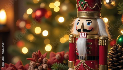 Toy soldier nutcracker surrounded by decorations and light 