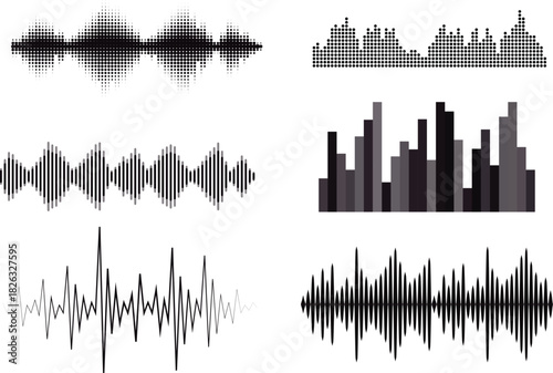 Audio wave tune print, voice message, podcast audio recording.  audio visualization and media interfaces. Digital frequency lines on for music players, recording apps or broadcast design.