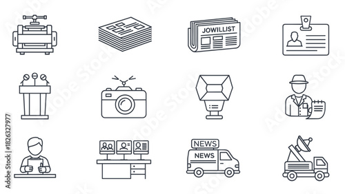 Collection of journalism and news icons in outline style.