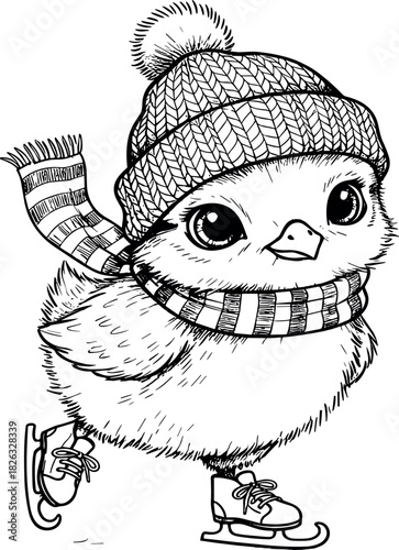 Charming line art illustration of a cute baby chick wearing a cozy winter hat and scarf, happily gliding on ice skates