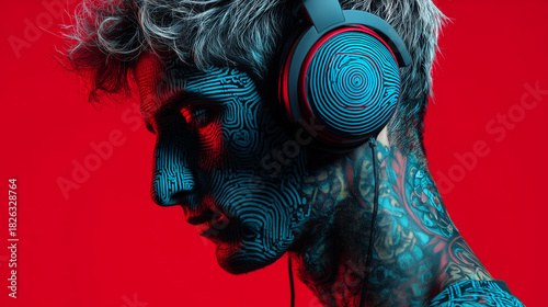 Stylish young man with headphones listening to music in red and blue neon light