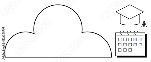 Cloud outline, graduation cap, and calendar signify e-learning, academic planning, cloud storage, and digital transformation. Ideal for education, scheduling, tech solutions remote work innovation