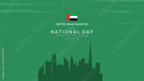 Minimalist Flat UAE City Skyline Silhouette with Green Textured Background and National Day Flag Elements for Celebration Banner and Poster Design