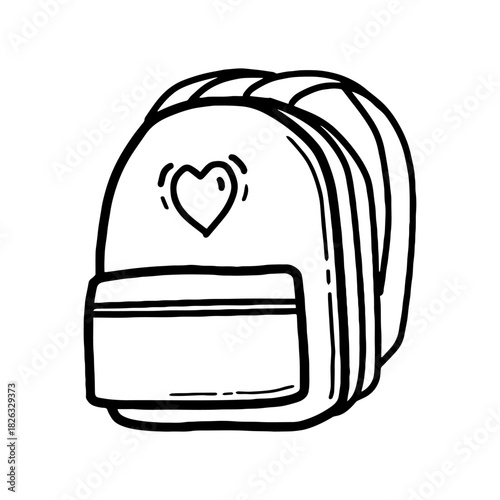 Cute backpack outline vector black and white. Hand drawn vector illustration. Isolated object on white background