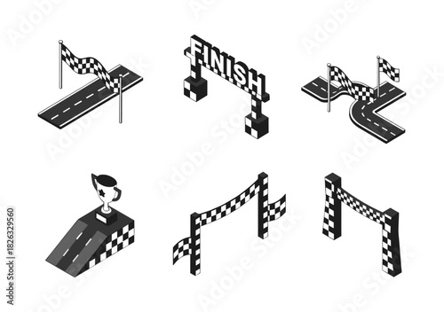 Isometric finish line race track design elements collection
