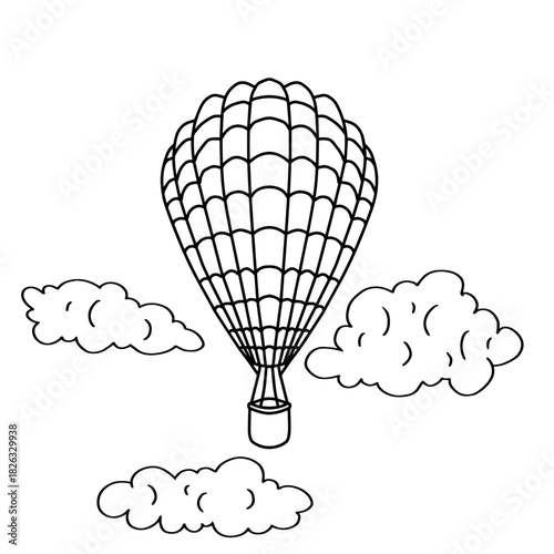 Hand drawn air balloon flying in clouds line art