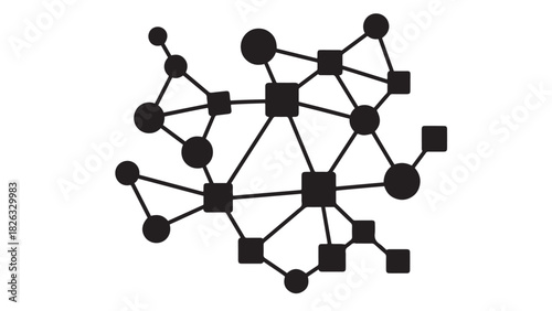 Abstract vector illustration of a complex digital network diagram showing interconnected circular and square nodes for data communication or social structure