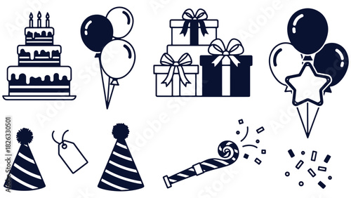 Set of linear outline birthday party icons featuring tiered cake with candles gift boxes and balloons, festive vector illustration for event invitations