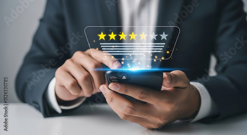 Boost business reputation with stellar online reviews - Confident professional checking ratings on mobile device for customer satisfaction in modern setting