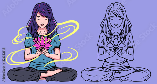 Woman Meditating in Lotus Position Holding Flower - Mental Health, Balance, and Spiritual Healing