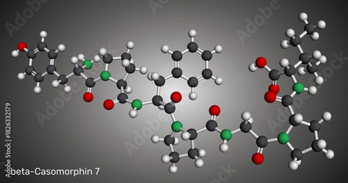 Beta-casomorphin-7, BCM7 opioid peptide molecule. Milk-derived casein peptide with potential physiological effects. Molecular model. 3D rendering. Illustration