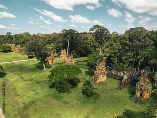 Prasat Suor Prat Towers In Angkor Thom From Above, Siem Reap, Cambodia