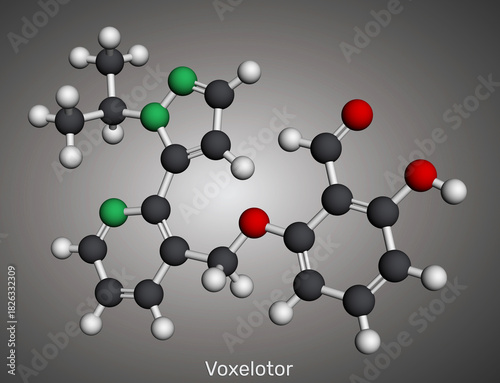 Voxelotor molecule, haemoglobin modifier. Drug used for the treatment of sickle cell disease. Molecular model. 3D rendering. Illustration