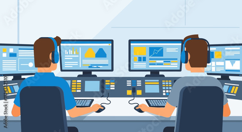 Two operators monitoring screens in a control room, wearing headsets and using keyboards.