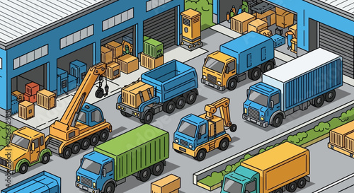 Isometric illustration of a busy industrial logistics center with various trucks, a crane, and cargo boxes.