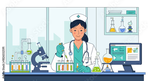 A female scientist in a lab coat and cap is working with test tubes and a microscope.
