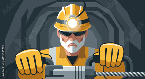 A detailed illustration of a miner with a beard, wearing a hard hat and safety gear, operating a jackhammer in a dark mine tunnel.