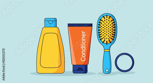 An illustration of essential hair care products including a shampoo bottle, conditioner tube, hairbrush, and a hair tie.