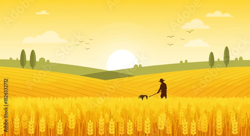 Silhouette of a farmer walking a dog through a golden wheat field during a peaceful sunrise or sunset.