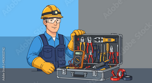 Cartoon electrician with toolbox, wearing hard hat and safety glasses.