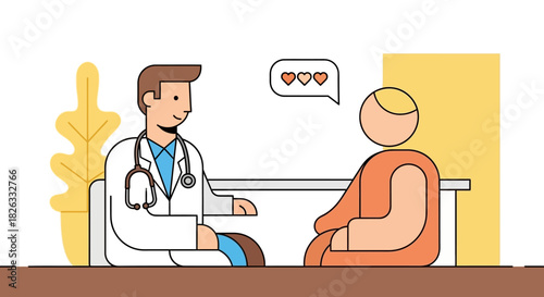 Illustration of a male doctor giving good news to a patient during a medical consultation.