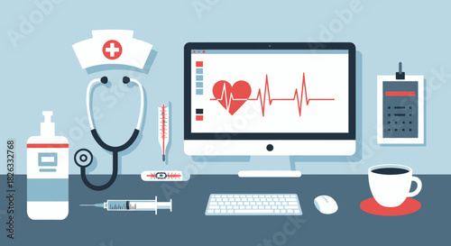 Healthcare and medicine concept with a nurse's desk, computer showing an EKG, and medical tools.